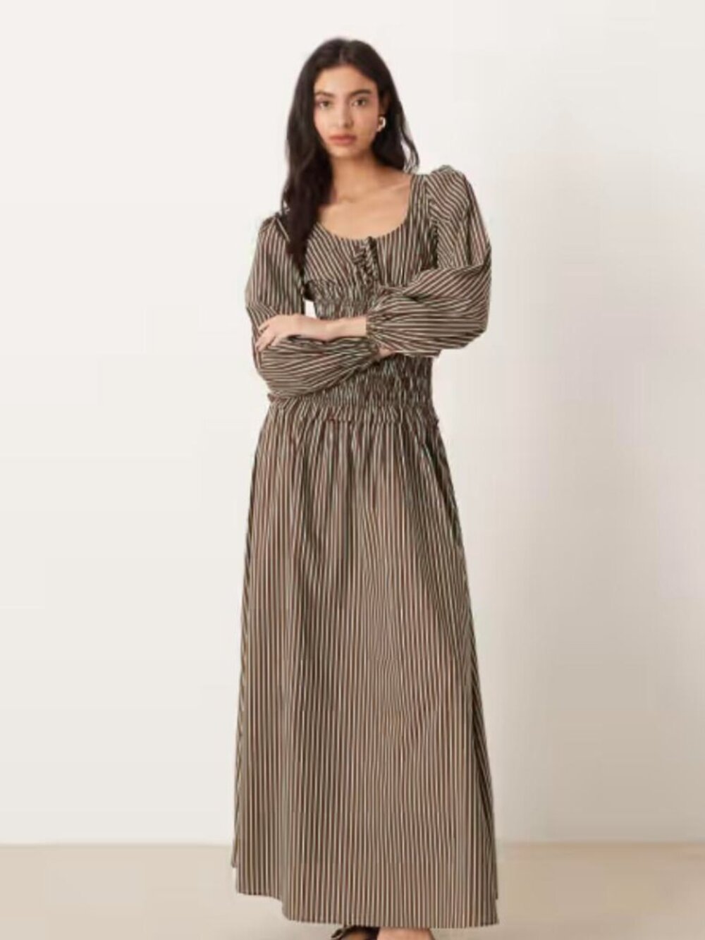 Glamorous Dropped Waist Shirred Maxi Dress | Brown Blue Stripes | Size 8 | NWT